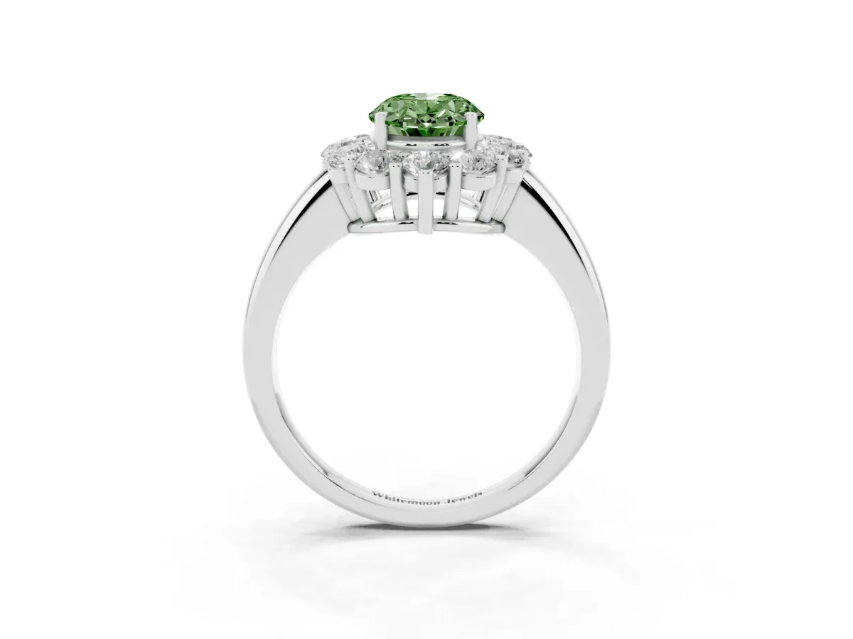 Fancy Green Oval Cut Halo Cluster Diamond Engagement Ring with Prong Setting and Polished Band Platinum