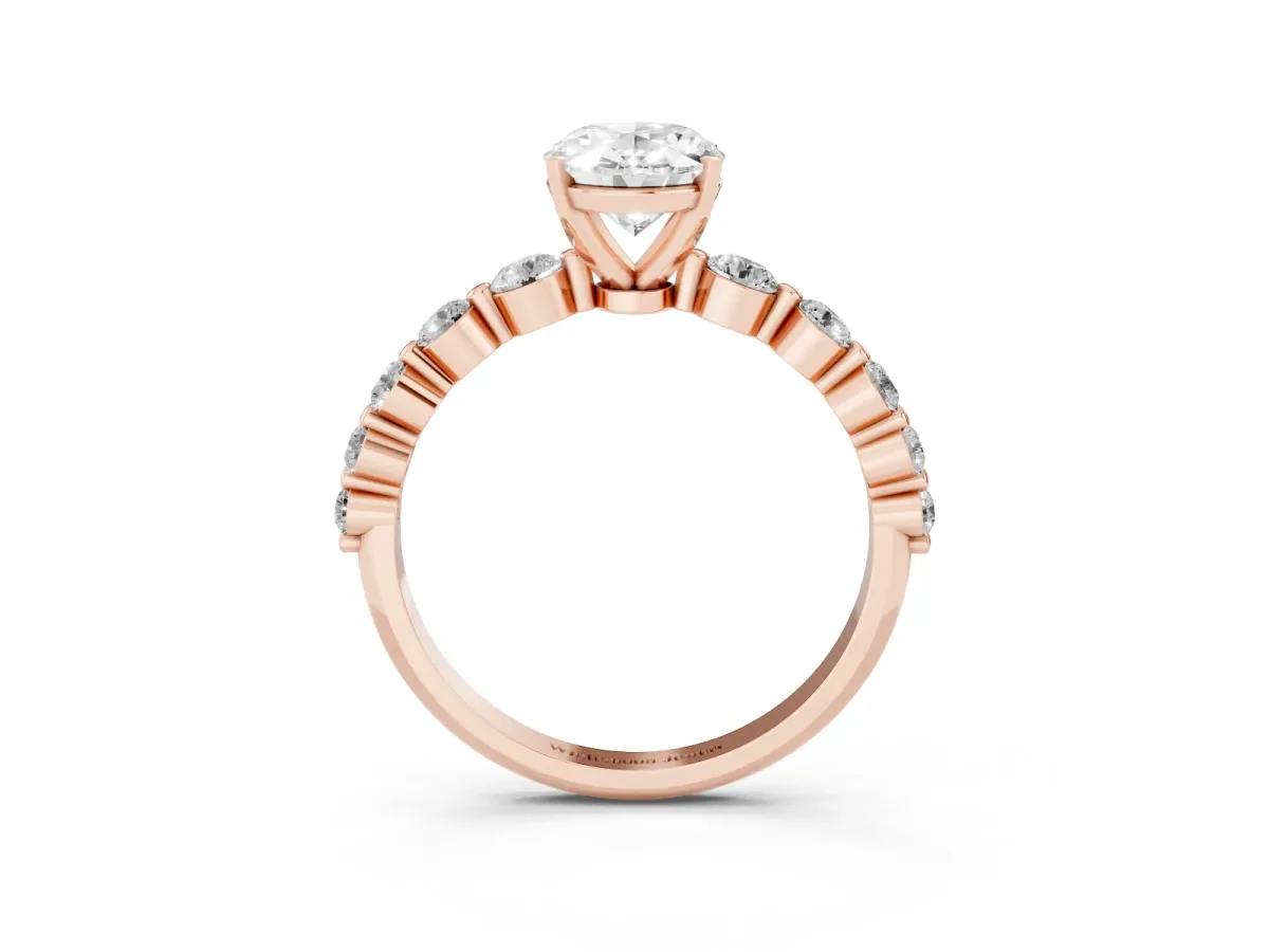 Oval Cut Solitaire Diamond Ring with Pave Band and Four-Prong Setting Rose gold