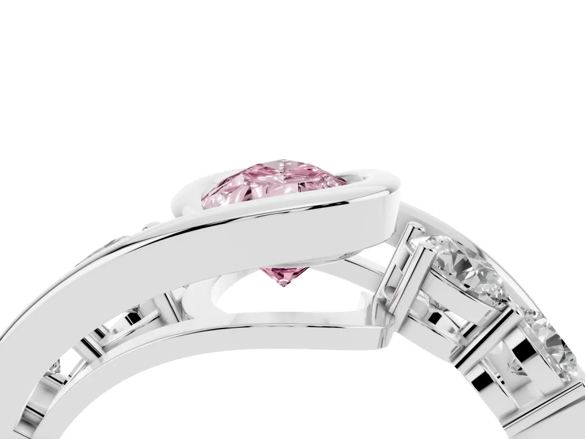 Fancy Pink Bezel Set Pear Cut Diamond Bypass Ring with Round Accents Platinum