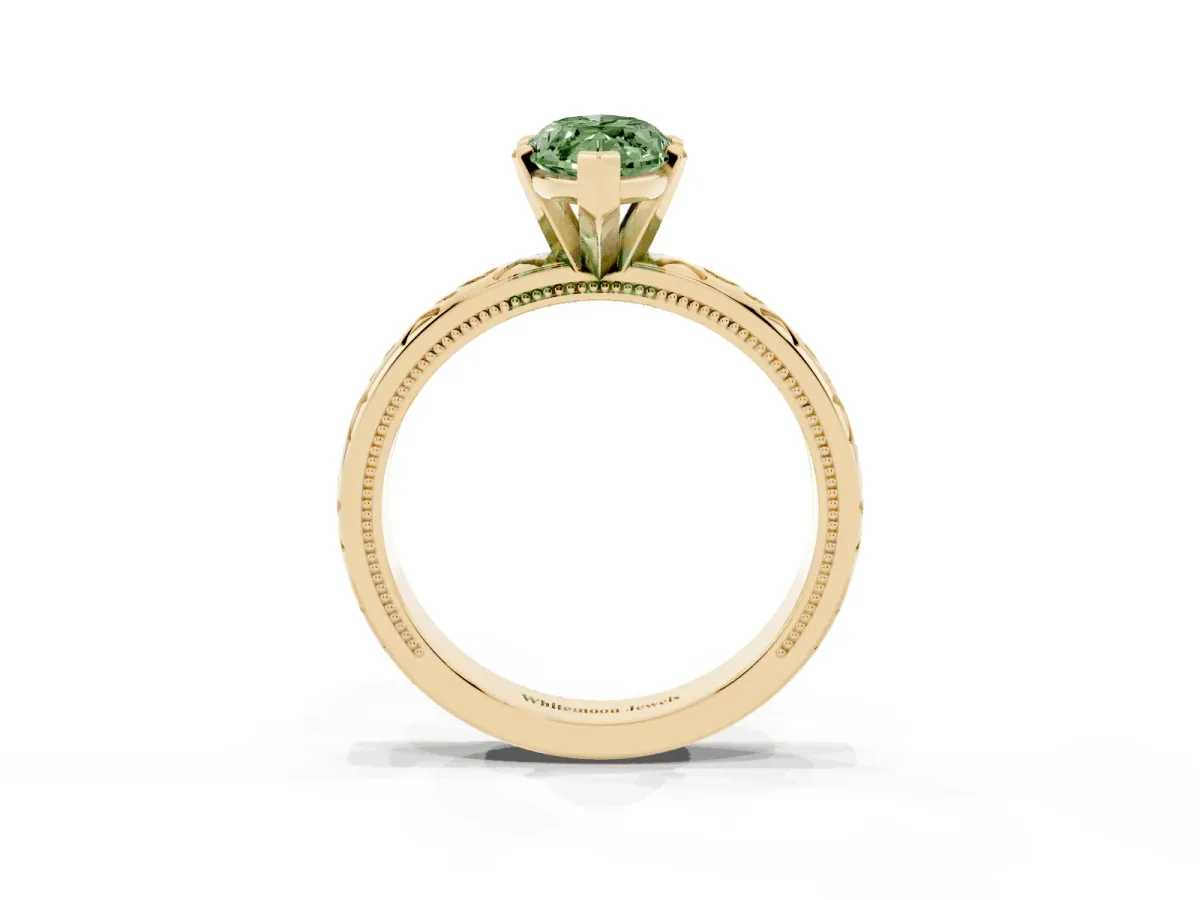 Fancy Green Marquise Cut Solitaire Engagement Ring with Scrollwork Band and Four-Prong Setting Yellow gold