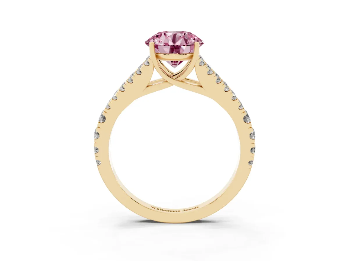 Fancy Pink Round Cut Diamond Split Shank Engagement Ring with Round Pavé and Prong Setting Yellow gold
