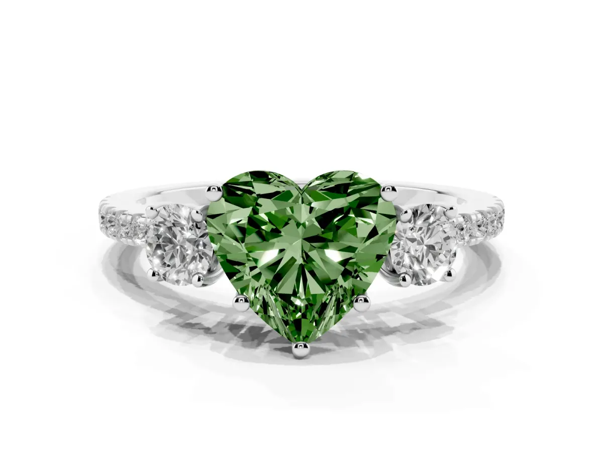 Fancy Green Three-Stone Heart Cut Cut Diamond Pavé Band with Prong Setting Silver