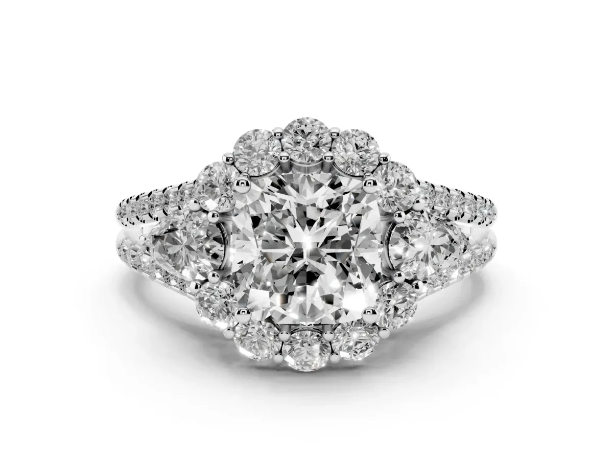 Cushion Cut Halo Split Shank Diamond Engagement Ring with Prong Setting Platinum