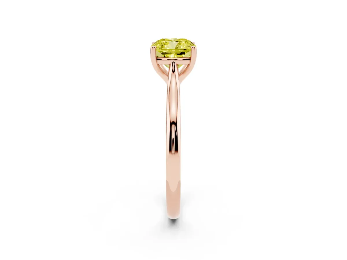 Fancy Yellow Cushion Cut Cut Solitaire Ring with Cathedral Band and Four-Prong Setting Rose gold
