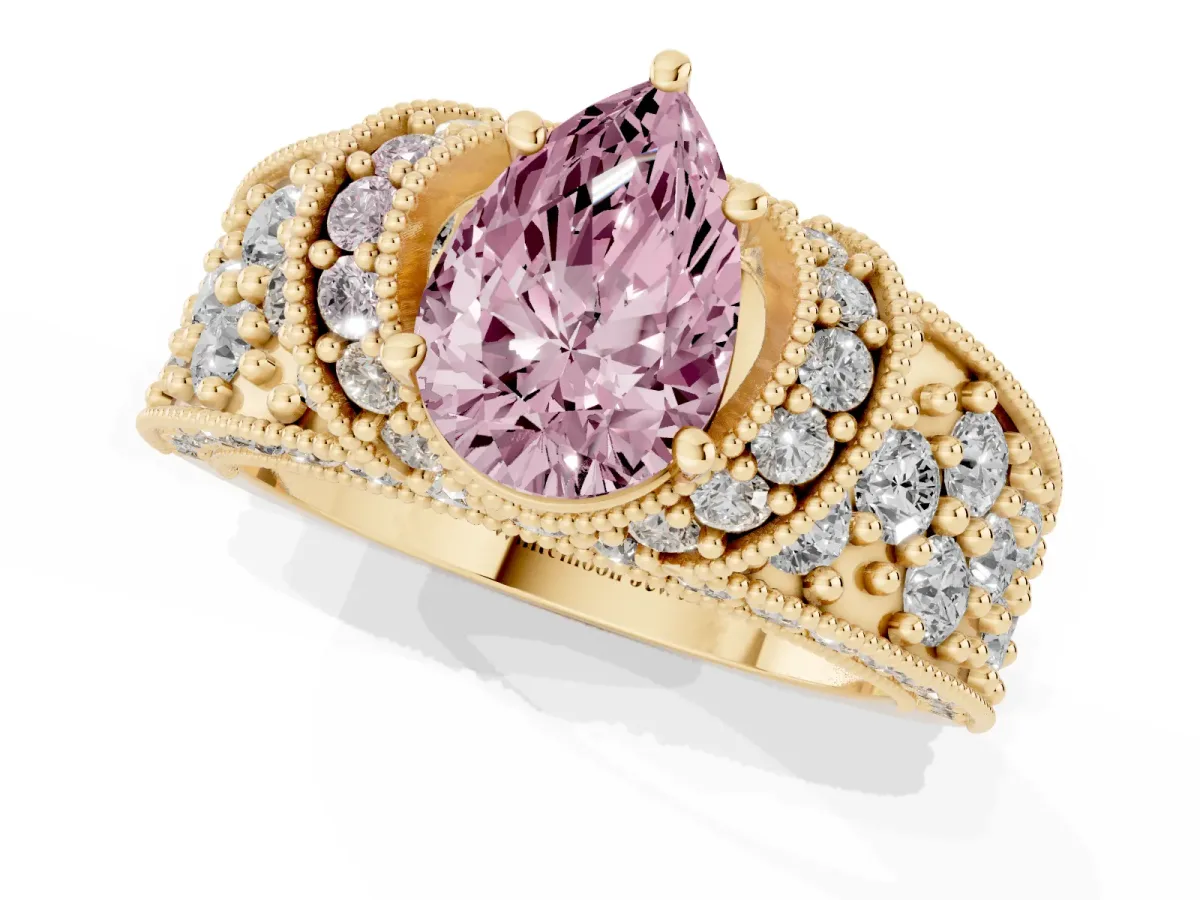Fancy Pink Pear Cut Halo Pave Diamond Engagement Ring with Milgrain Detailing Yellow gold