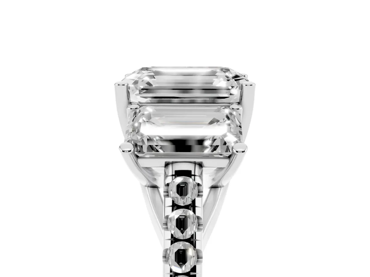 Three-Stone Emerald Cut Diamond Ring with Round Pavé Band and Prong Setting Silver