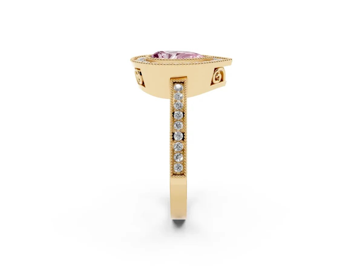 Fancy Pink Pear Cut Cut Halo Diamond Ring with Pavé Band and Milgrain Prong Setting Yellow gold