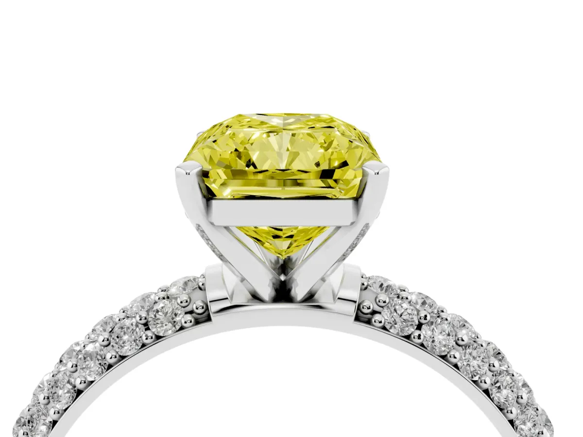 Fancy Yellow Radiant Cut Diamond Solitaire Ring with Prong Setting and Pavé Band Silver
