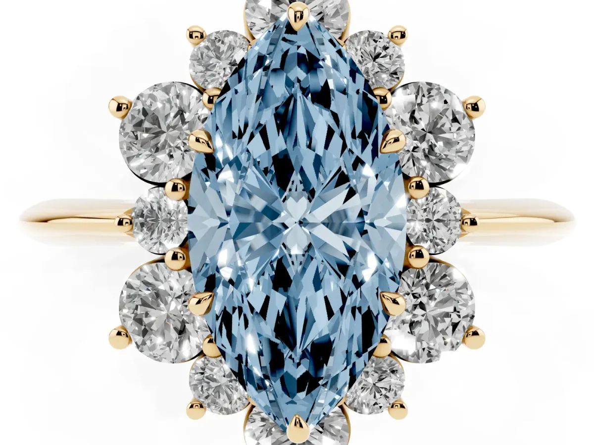 Fancy Blue Marquise Cut Diamond Cluster Halo Ring with Solitaire Band and Four-Prong Setting Yellow gold