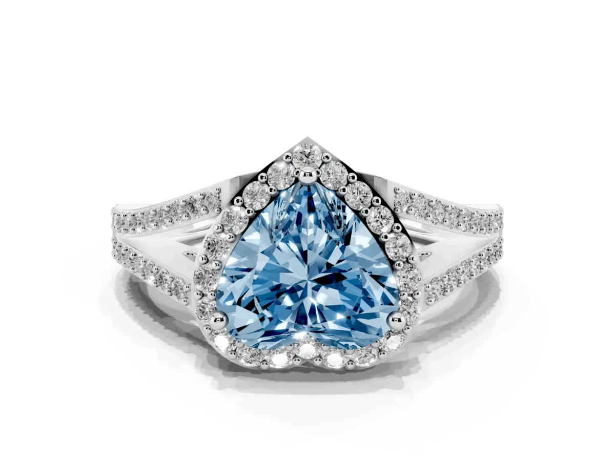 Fancy Blue Heart Cut Halo Split Shank Diamond Ring with Prong Setting Silver