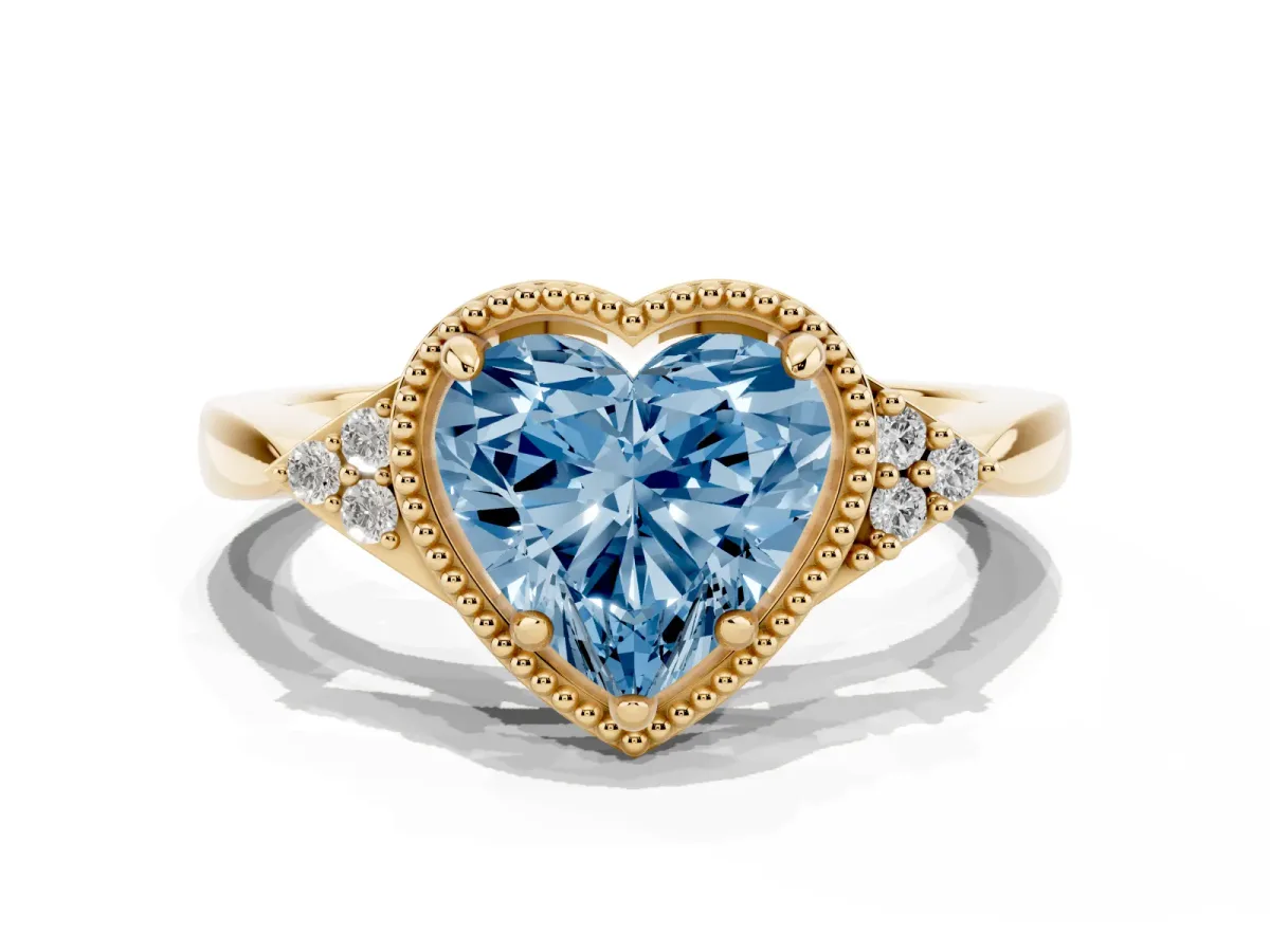 Fancy Blue Hexagonal Halo Heart Cut Diamond Solitaire with Pavé Band and Four-Prong Setting Yellow gold