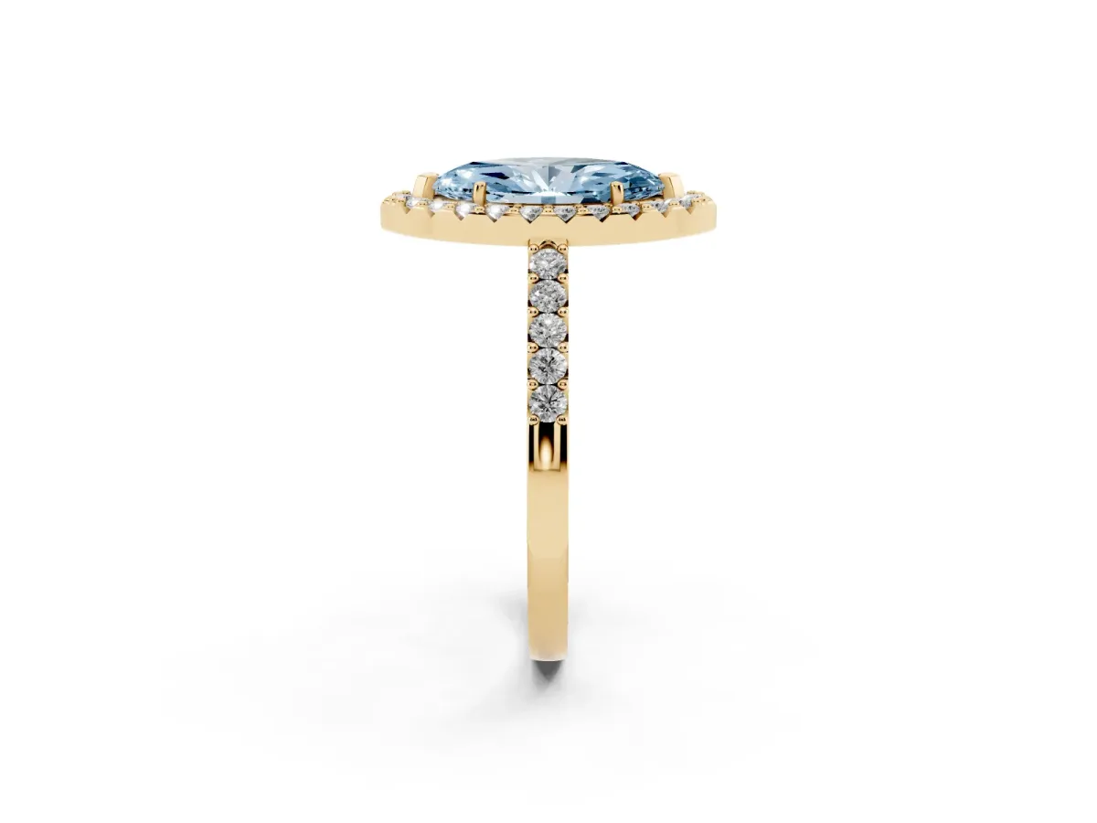 Fancy Blue Marquise Cut Halo Diamond Pavé Solitaire Ring Yellow gold