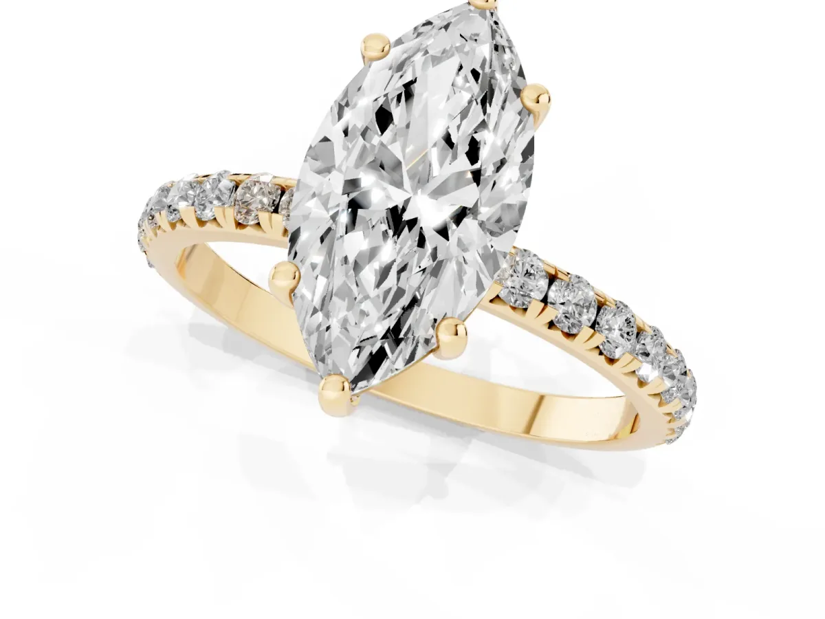 Marquise Cut Cut Diamond Solitaire Ring with Micro Pave Band and Four Prong Setting Yellow gold