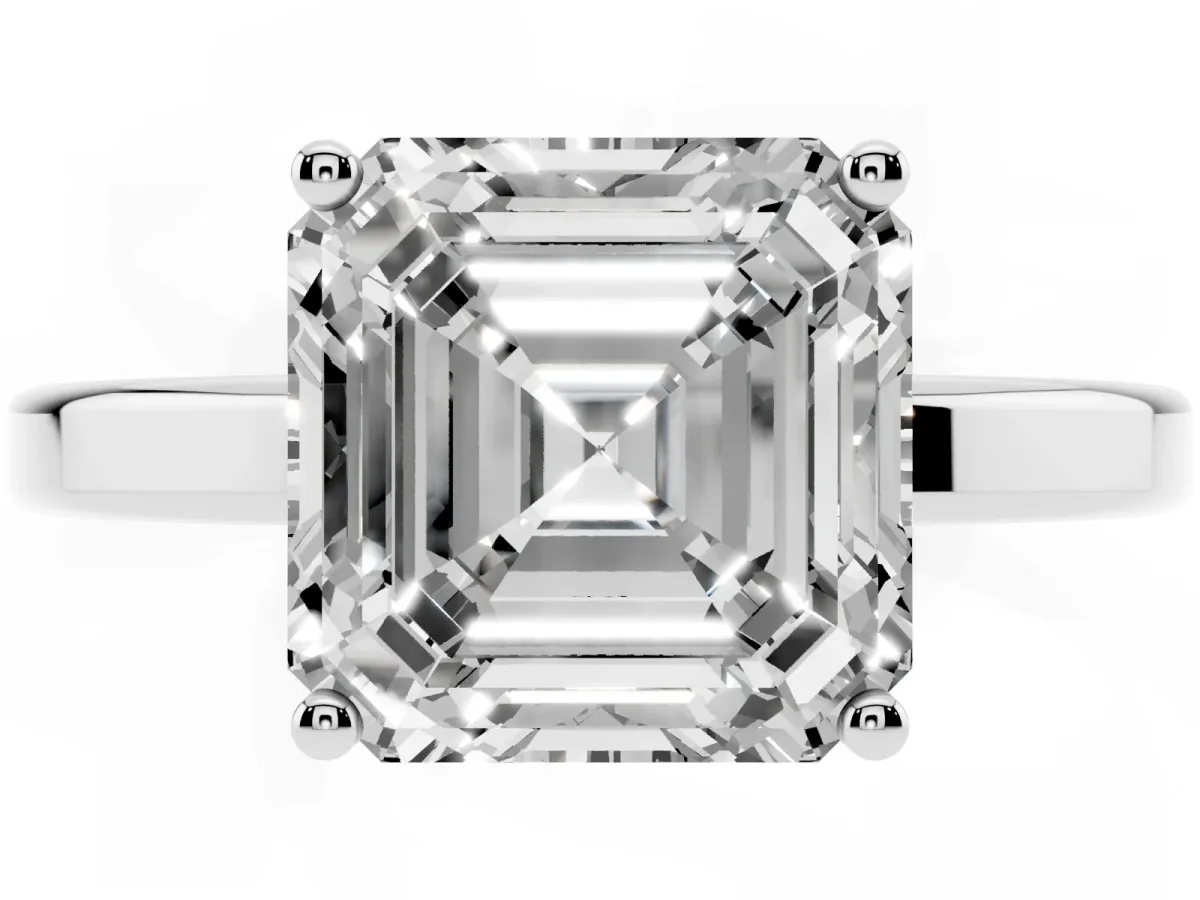Asscher Cut Cut Solitaire Engagement Ring with Four-Prong Setting on a Classic Band Silver