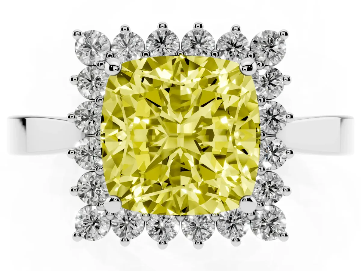 Fancy Yellow Cushion Cut Cut Diamond Halo Ring with Round Brilliant Halo and Solitaire Band Silver