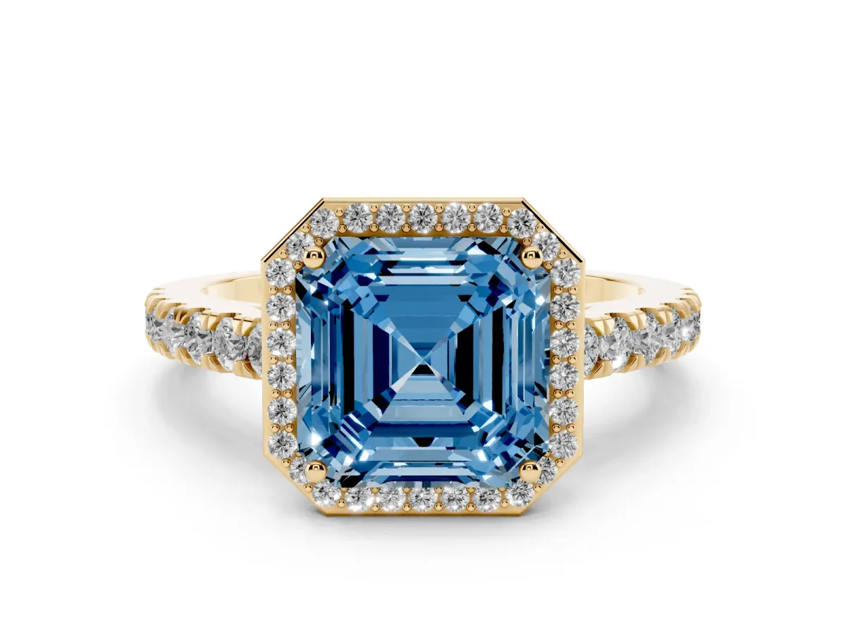 Fancy Blue Asscher Cut Cut Halo Diamond Engagement Ring with Pave Band and Four-Prong Setting Yellow gold