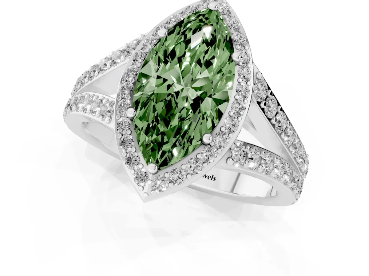 Fancy Green Marquise Cut Diamond Split Shank Halo Ring with Four-Prong Setting Platinum