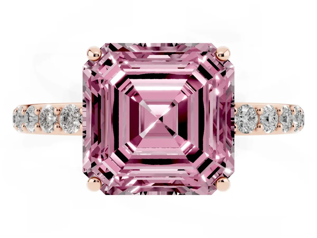 Fancy Pink Asscher Cut Diamond Solitaire Ring with Round Pavé Shoulders and Prong Setting Rose gold