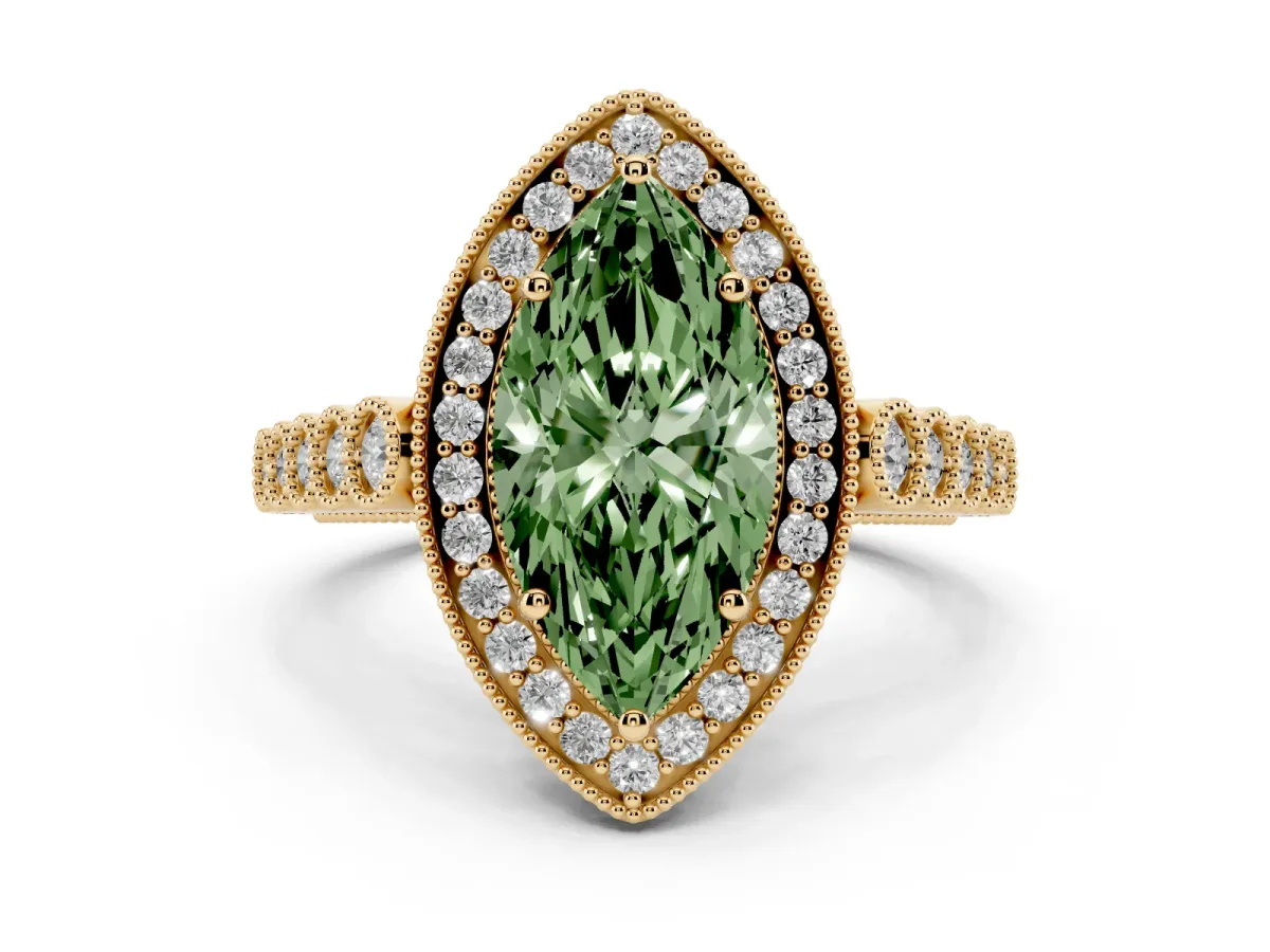 Fancy Green Marquise Cut Halo Milgrain Solitaire with Bezel Set Side Stones and Pave Band Yellow gold