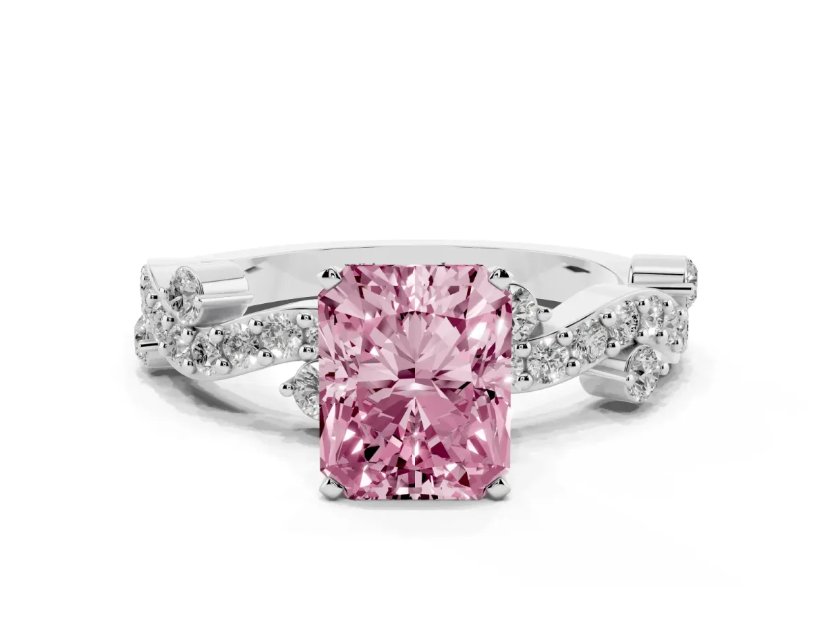 Fancy Pink Radiant Cut Cut Solitaire Diamond Twisted Band with Pave Setting Silver