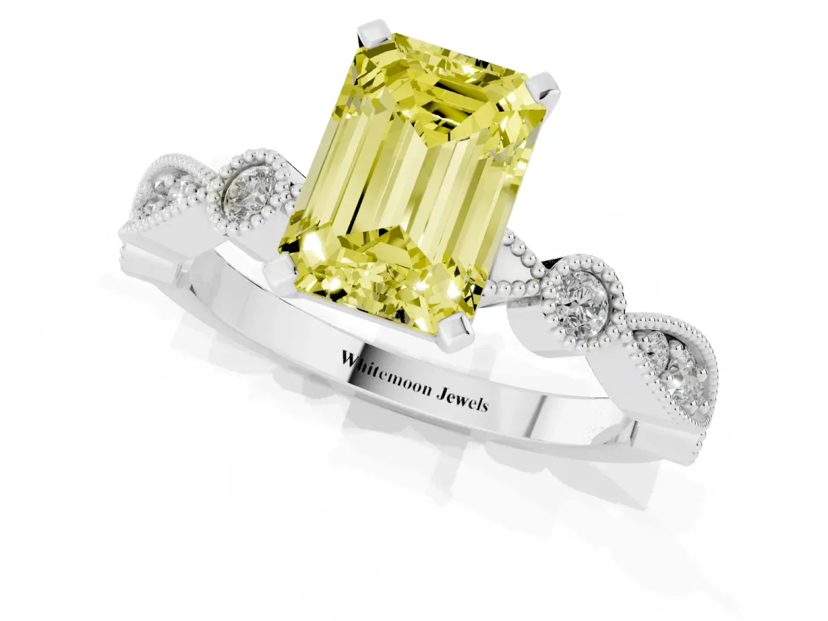 Fancy Yellow Emerald Cut Milgrain Bezel Diamond Engagement Ring with Solitaire Prong Setting Platinum