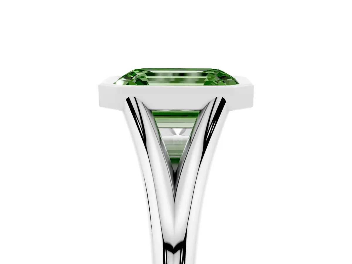 Fancy Green Bezel Set Emerald Cut Cut Solitaire Ring with Tapered Band Silver