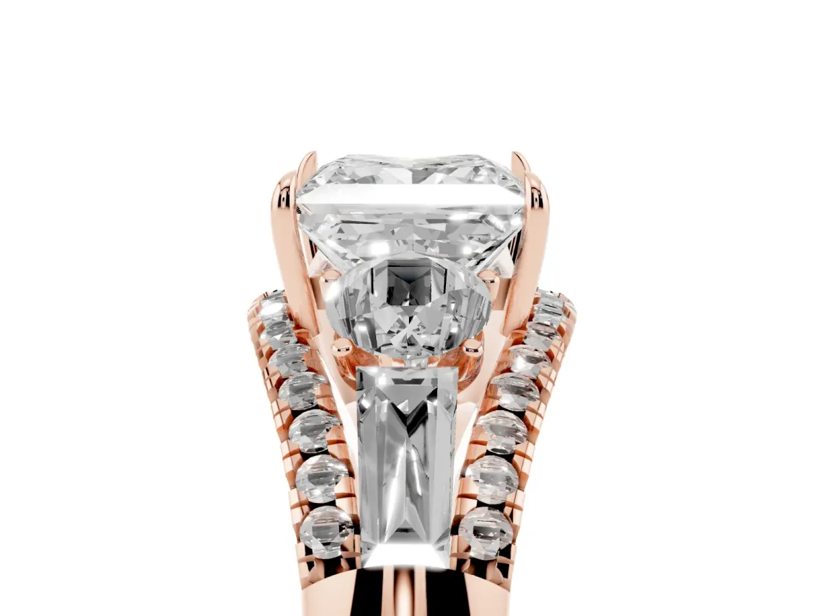 Three-Stone Princess Cut Diamond Engagement Ring with Pave Band and Prong Setting Rose gold