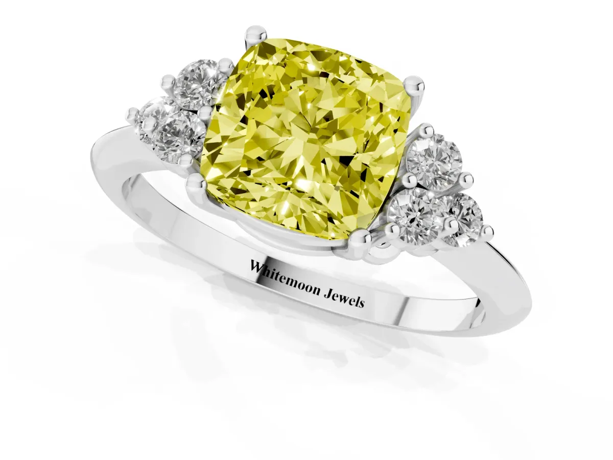 Fancy Yellow Cushion Cut Cut Diamond Cluster Ring with Solitaire Band and Four-Prong Setting Silver