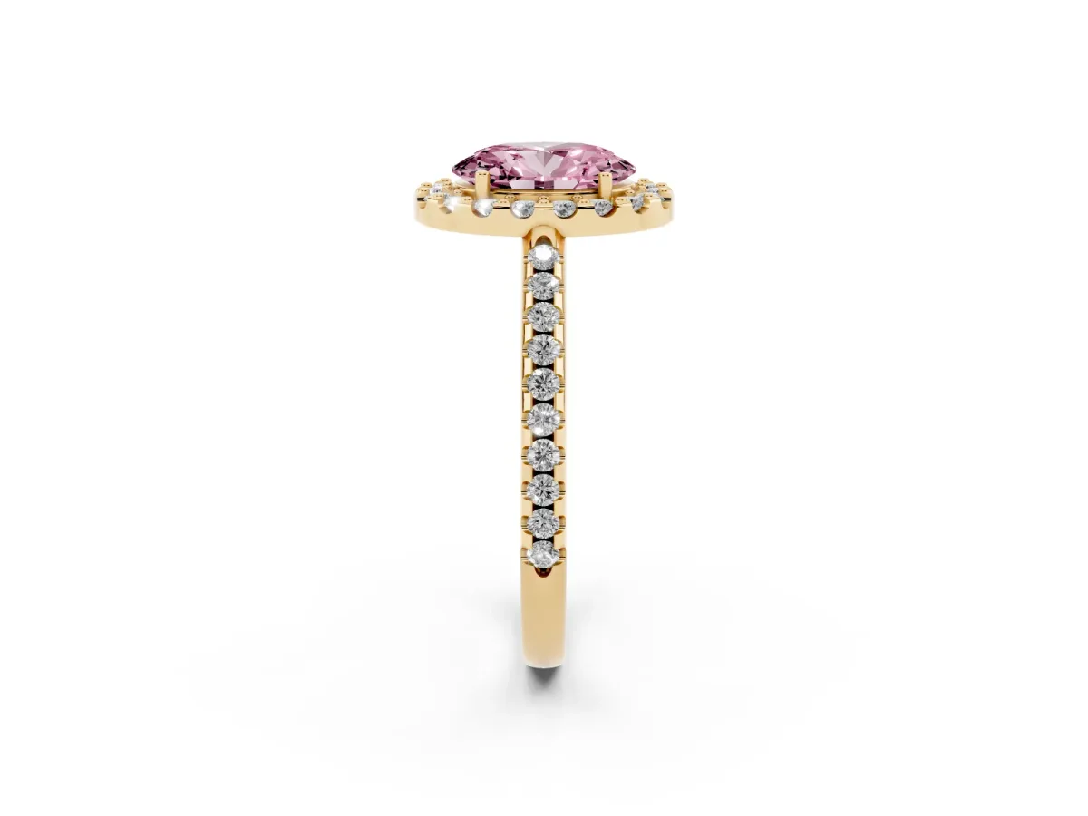 Fancy Pink Oval Cut Diamond Pavé Halo Ring with Four-Prong Setting Yellow gold