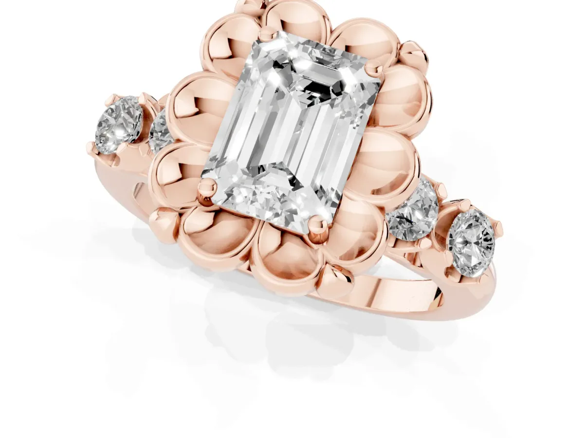Emerald Cut Cut Diamond Floral Halo Engagement Ring with Shared Prong Setting Rose gold