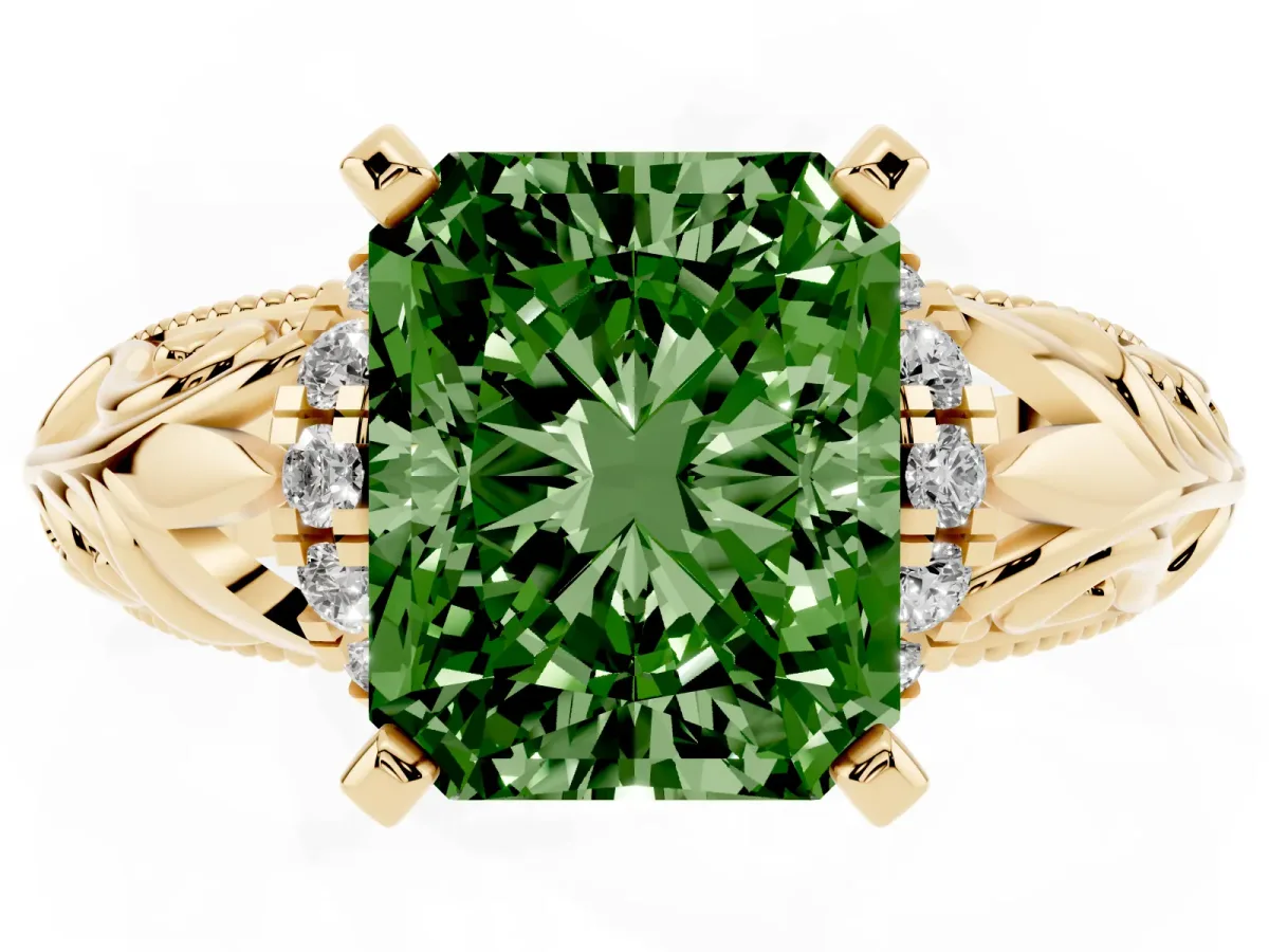 Fancy Green Radiant Cut Solitaire Filigree Engagement Ring with Halo and Prong Setting Yellow gold