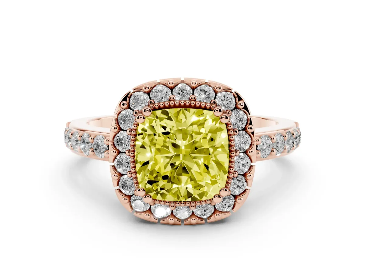 Fancy Yellow Cushion Cut Diamond Halo Ring with Pavé Band and Prong Setting Rose gold