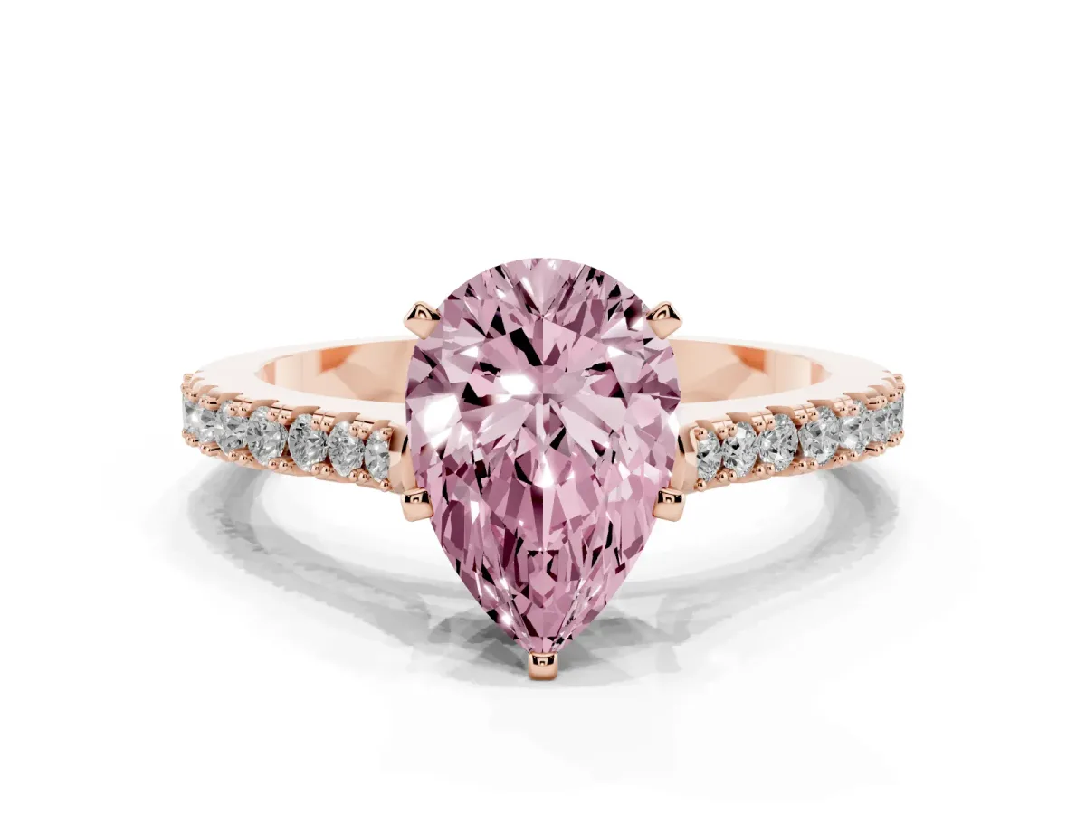 Fancy Pink Pear Cut Cut Solitaire Diamond Engagement Ring with Pave Band and Four-Prong Setting Rose gold