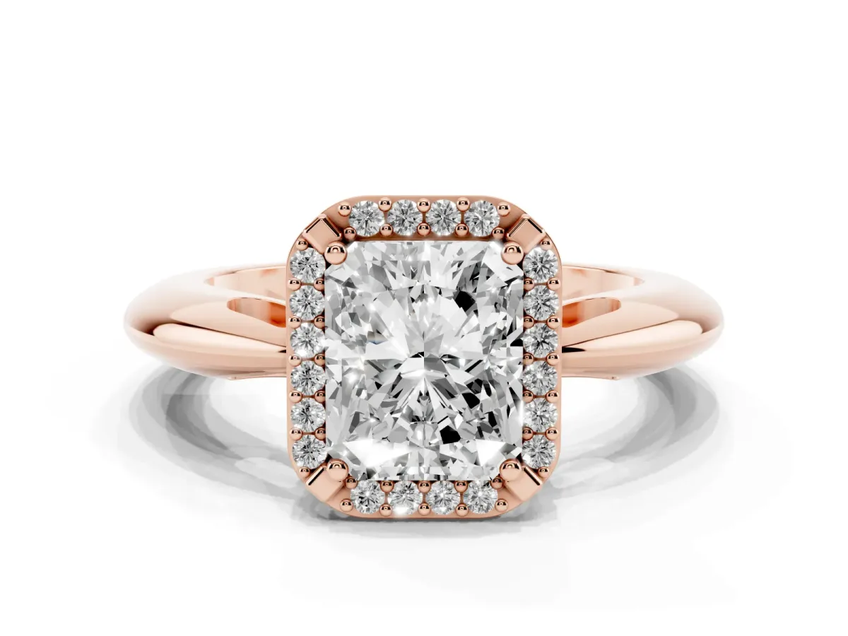 Radiant Cut Cut Diamond Halo Engagement Ring with Split Shank and Four-Prong Setting Rose gold
