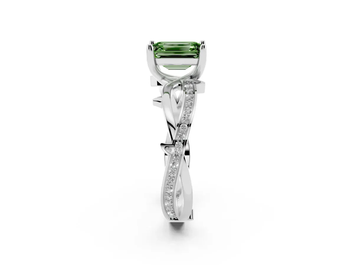 Fancy Green Emerald Cut Solitaire Twist Band with Pavé Accents and Four-Prong Setting Silver