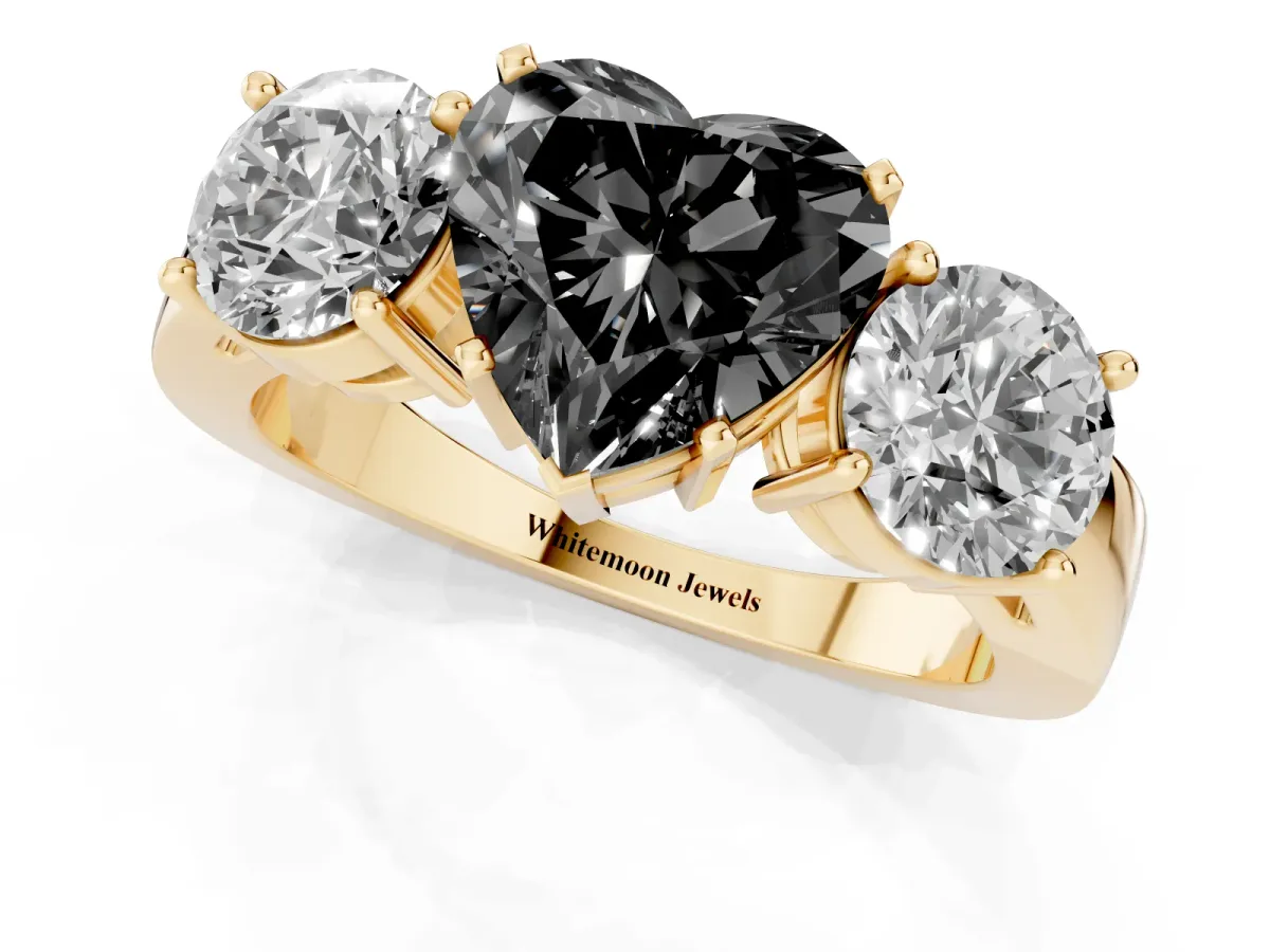 Fancy Black Three-Stone Heart Cut Diamond Ring with Round Side Stones, Classic Band, and Four-Prong Setting Yellow gold
