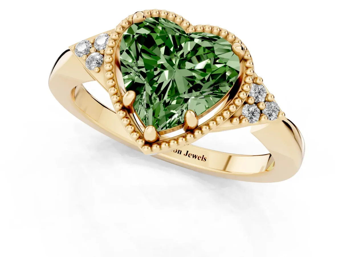 Fancy Green Milgrain Heart Cut Cut Diamond Ring with Tapered Pave Band and Four Prong Setting Yellow gold