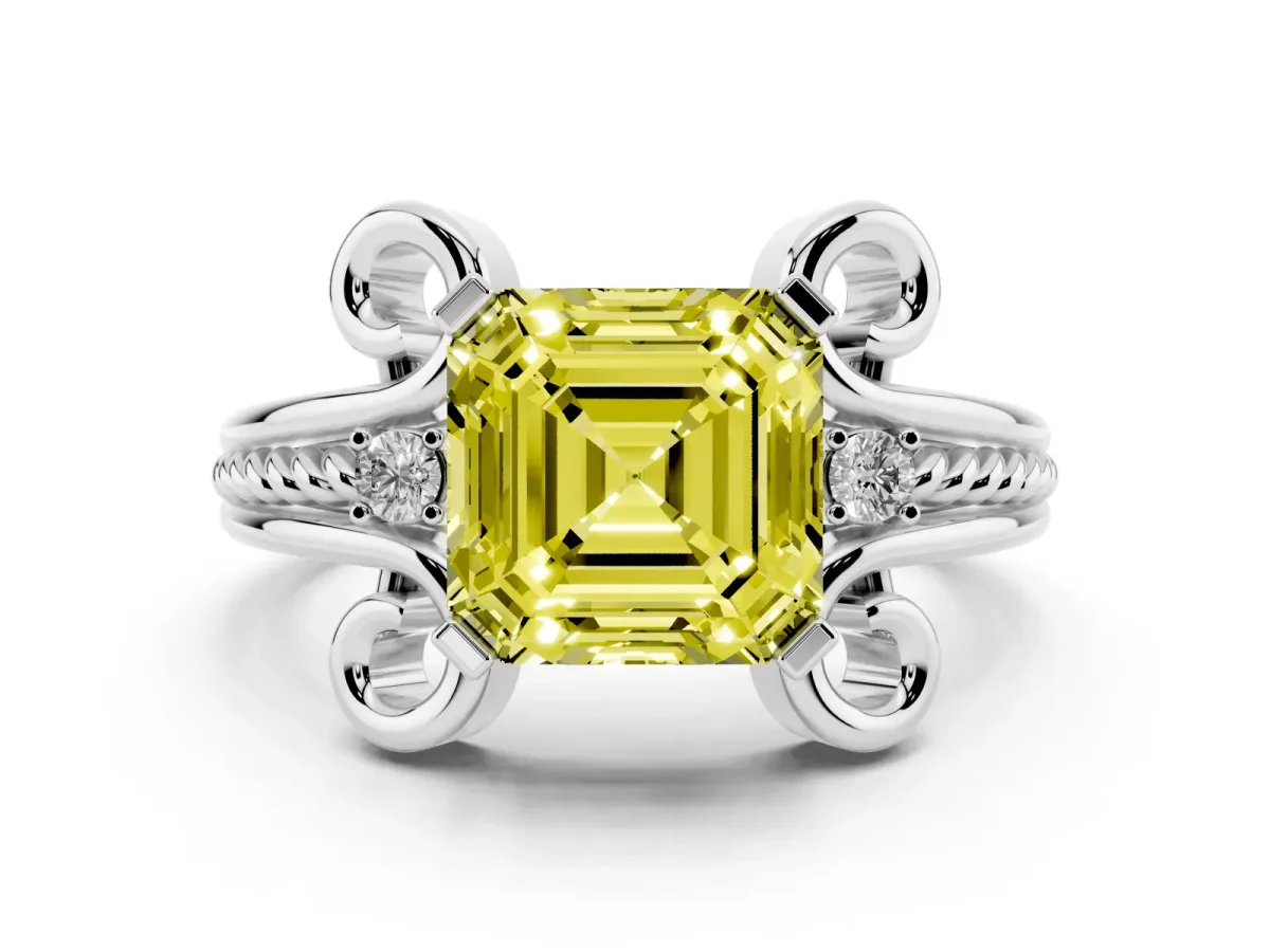Fancy Yellow Asscher Cut Solitaire Twisted Band Scroll Prong Ring Platinum