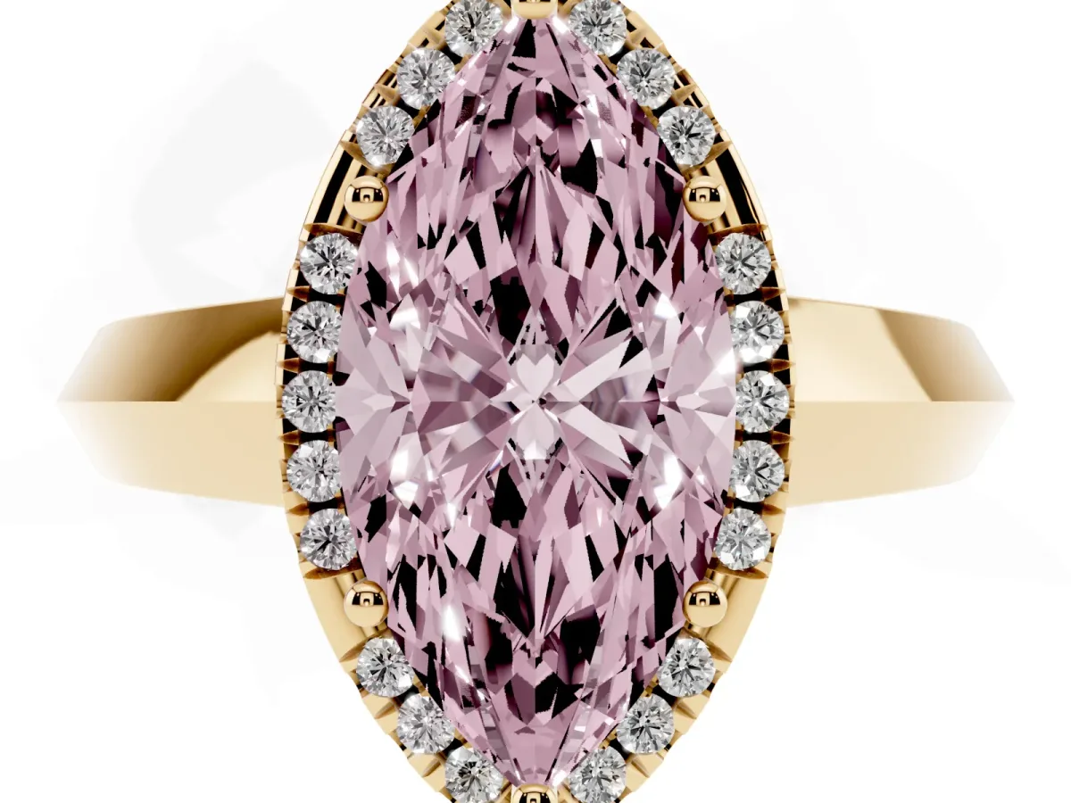 Fancy Pink Marquise Cut Halo Diamond Ring with Cathedral Band and Four-Prong Setting Yellow gold