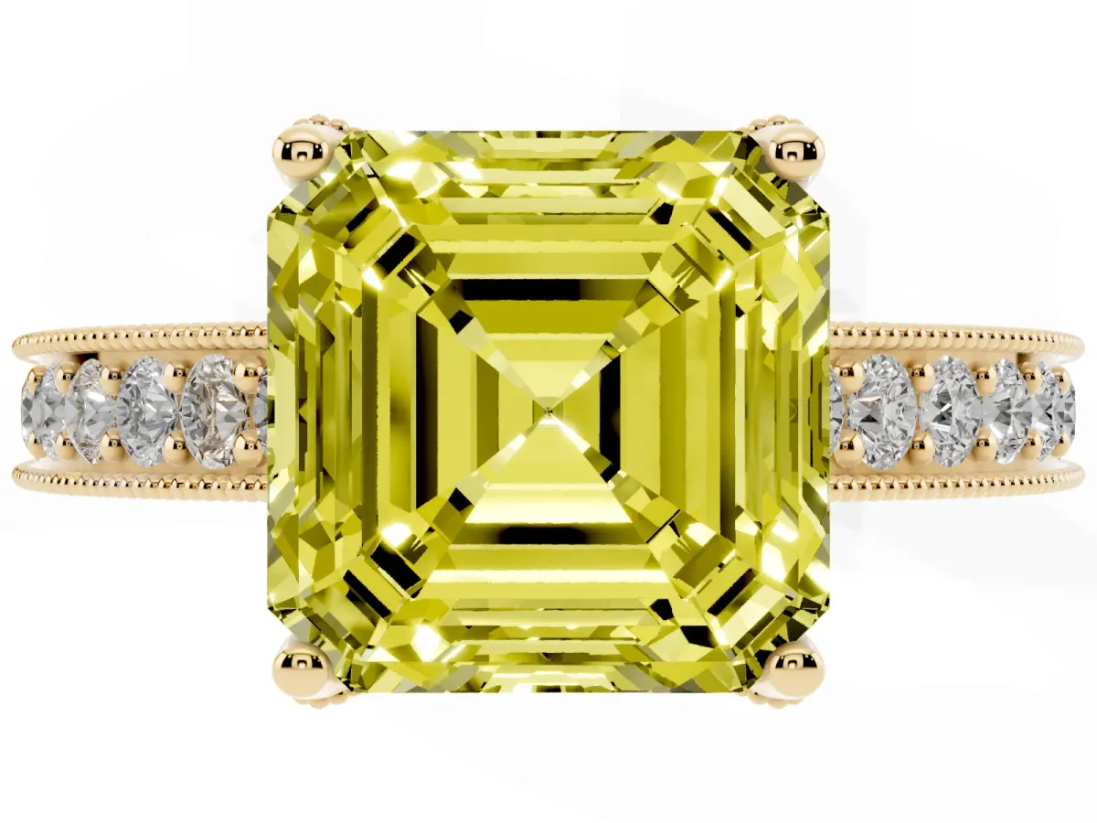 Fancy Yellow Asscher Cut Cut Diamond Solitaire Ring with Milgrain Pave Band and Four Prong Setting Yellow gold