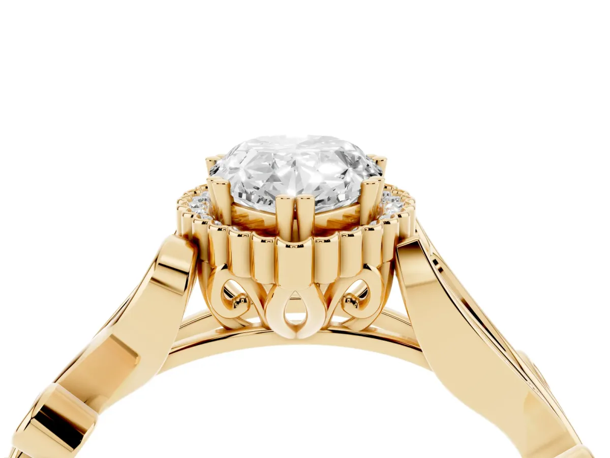 Pear Cut Diamond Halo Ring with Vintage Split Shank and Four-Prong Setting Yellow gold