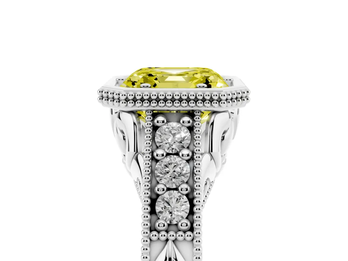 Fancy Yellow Bezel Set Asscher Cut Diamond Milgrain Pave Engagement Ring Platinum
