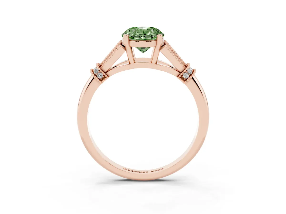 Fancy Green Oval Cut Diamond Solitaire Ring with Floral Filigree and Pave Accents Rose gold