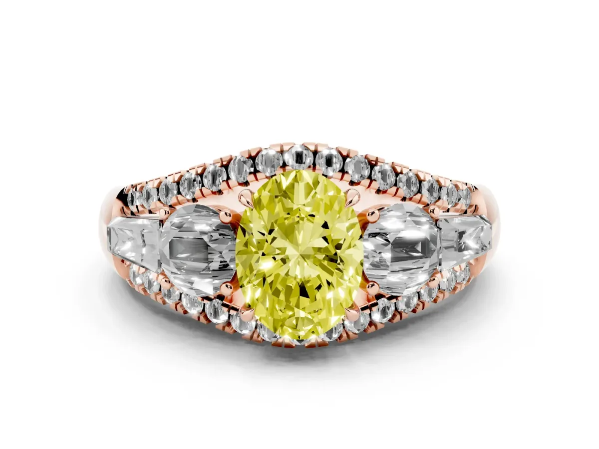 Fancy Yellow Three-Stone Oval Cut Diamond Engagement Ring with Pave Band and Prong Setting Rose gold