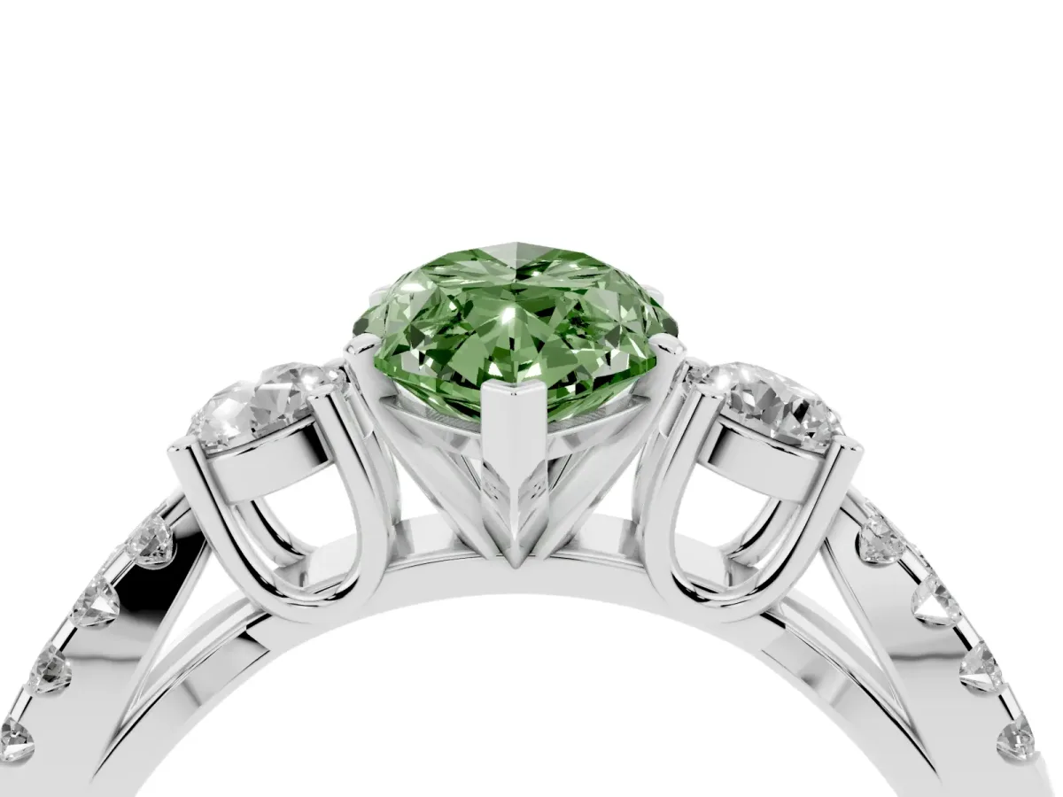 Fancy Green Marquise Cut Diamond Three-Stone Ring with Pavé Split Shank and Four-Prong Setting Silver