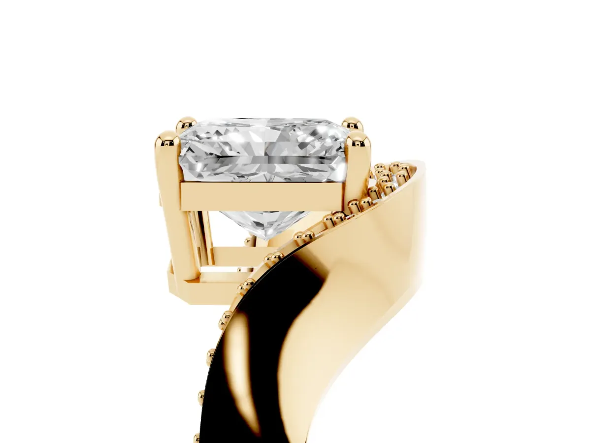 Radiant Cut Solitaire Diamond Engagement Ring with Pave Band and Four-Prong Setting Yellow gold