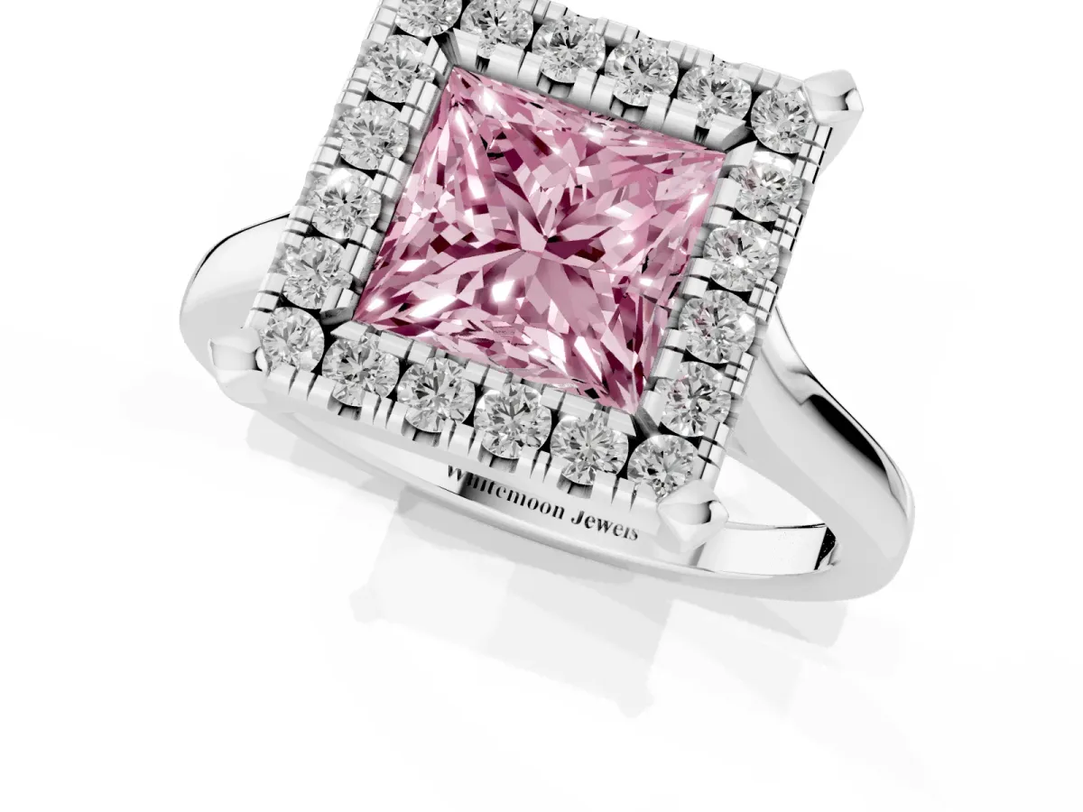 Fancy Pink Princess Cut Diamond Cluster Halo Solitaire with Four-Prong Setting Silver