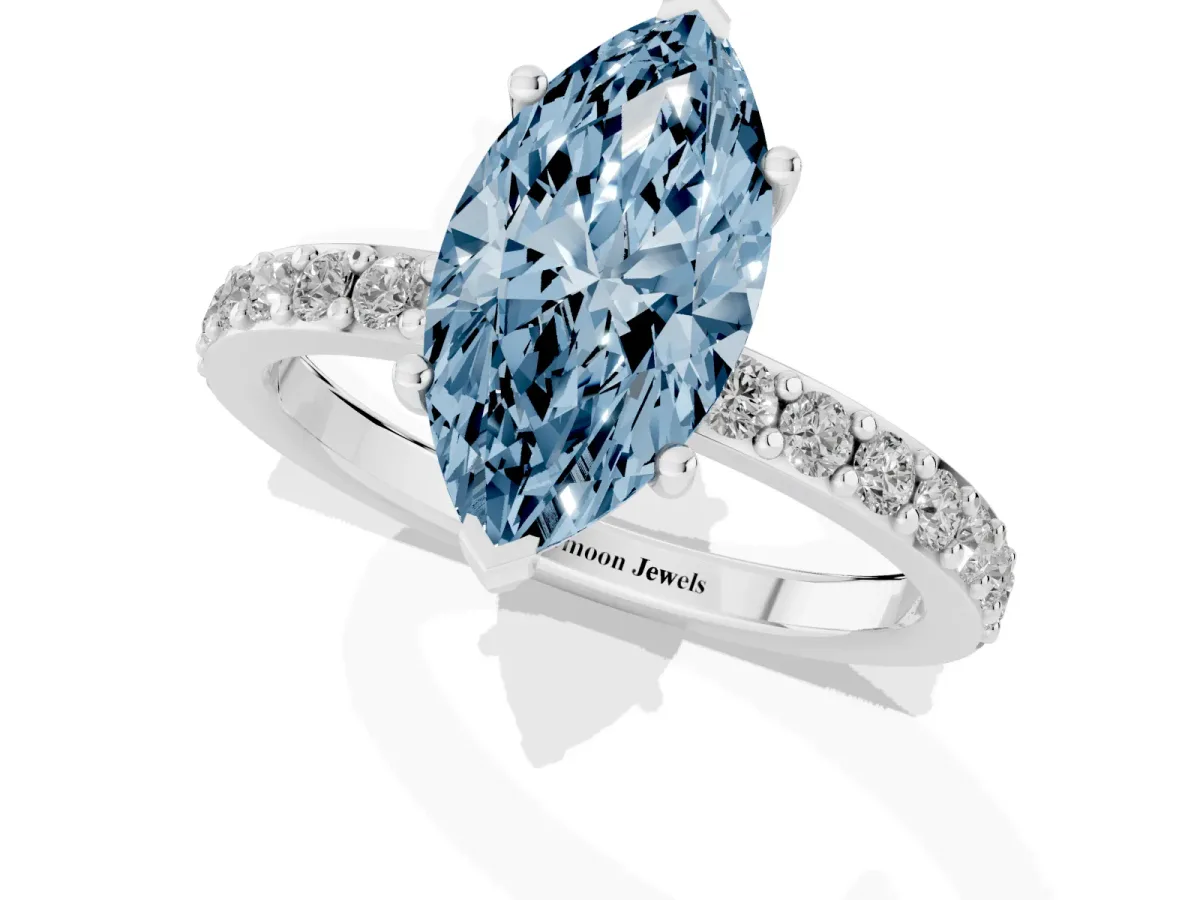 Fancy Blue Marquise Cut Cut Diamond Solitaire with Pave Band and Four-Prong Setting Silver