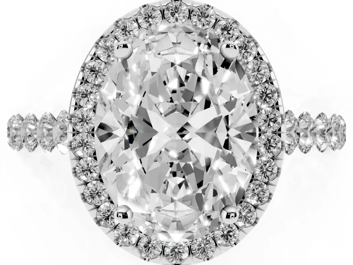 Oval Cut Halo Pavé Diamond Engagement Ring with Four-Prong Setting Silver