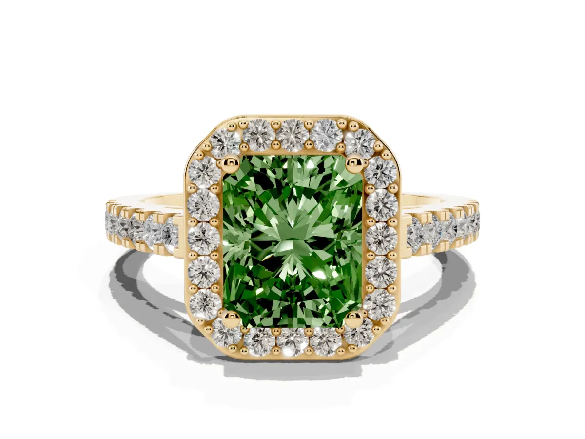 Fancy Green Radiant Cut Diamond Halo Ring with Round Pavé Split Shank and Prong Setting Yellow gold